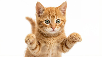 Obraz premium Orange kitten stands with paws up in front of a white background during indoor setting
