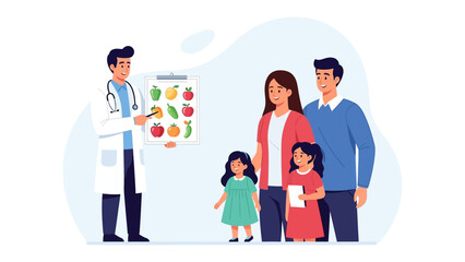 Fototapeta premium Healthy Family Consultation: A friendly healthcare provider offers dietary advice to a family, emphasizing the importance of wholesome foods for a balanced lifestyle and well-being.