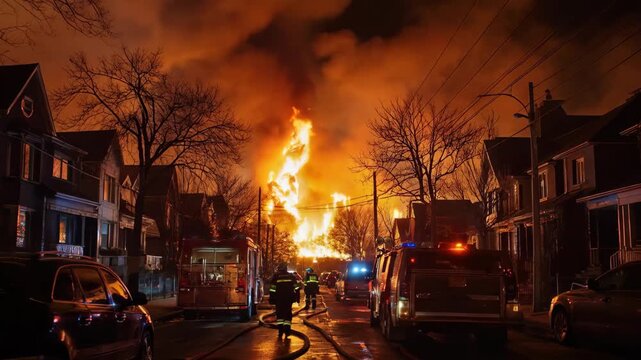 Vivid flames engulf buildings as firefighters respond to a large fire incident in Toronto at night, Establishing wide angle shot of a fire in a Toronto neighborhood