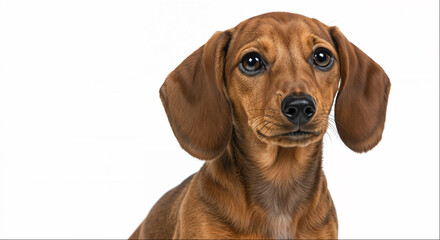 Dog sits and looks directly at the camera against a white background
