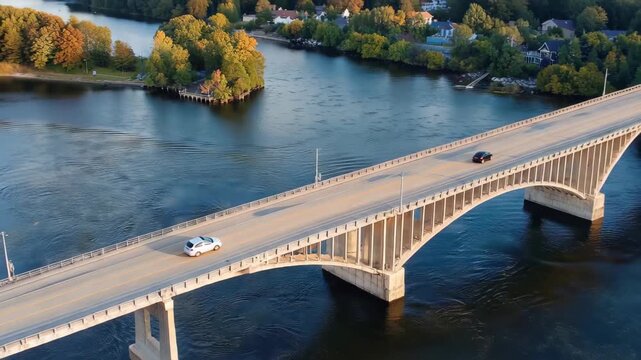 Aerial view of Memorial Bridge spanning Kennebec River in early morning light, Memorial Bridge aerial view over Kennebec River in historic downtown of Augusta, Maine ME, USA