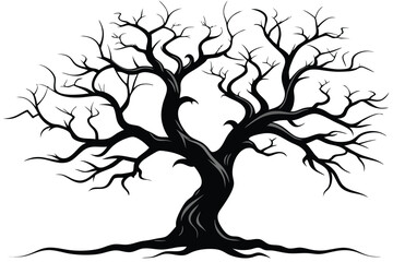 bare tree with twisted branches line art silhouette vector illustration