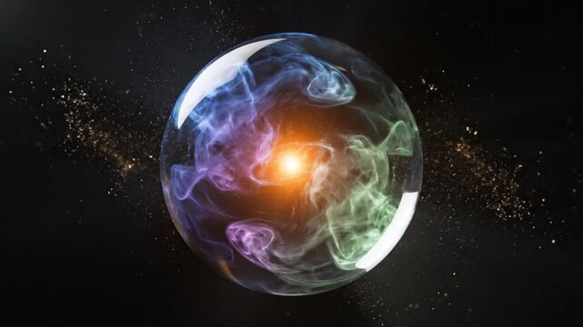 Abstract glowing smoke orb animation with colorful flowing clouds and radiant inner light, cinematic spherical background for modern digital design
