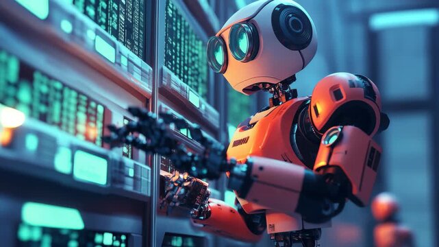 AI robots analyze financial data to identify fraud patterns in a high-tech environment, AI robots that analyze financial data to detect fraudulent transactions Security detection concept