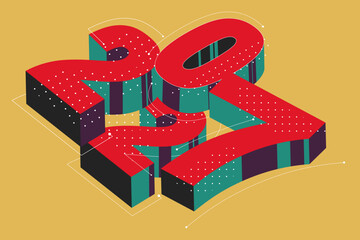 New Year 2027 number in retro futuristic style banner web, invite posters, template, Layout, greeting card, background 3d contemporary mid century design