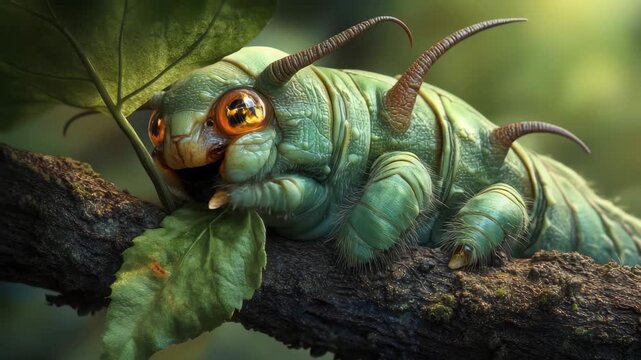 Hornworm devours green leaf on branch in vibrant forest habitat, Close-up of a hornworm eating a leaf on a branch with great enjoyment