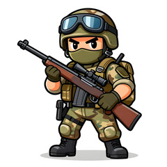 Naklejka premium A sturdy special forces soldier with a combat weapon, fully equipped in special combat gear. Cartoon mascot, illustration, clean lines, flat design, modern, high quality