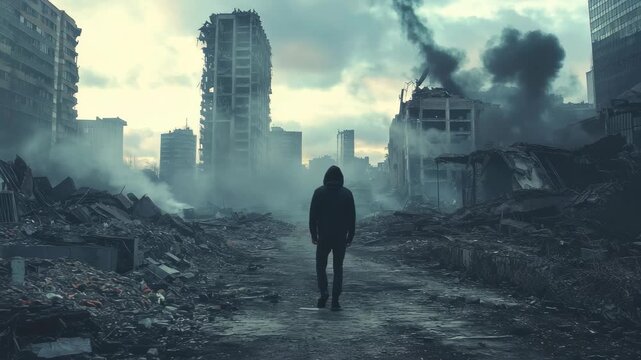 Man stands in front of a devastated city with smoke and rubble under a gloomy sky, Man standing in front of a destroyed city