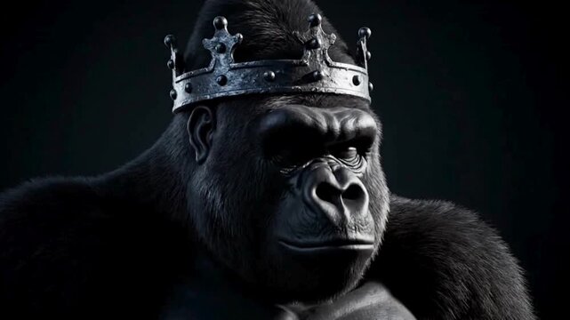 An imposing gorilla, adorned with a regal crown, exudes an air of authority and power, his gaze filled with strength and dominance.
