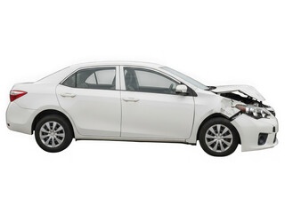 Damaged white car with crumpled front end isolated on transparent background