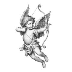 Halftone vector illustration of flying Cupid angel with bow and arrow, vintage engraving style cherub symbol of love, romance and mythology, classical art inspired decorative design