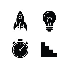 Symbols of innovation, progress, and achievement in black and white icons isolated on white background, Vector, illustration