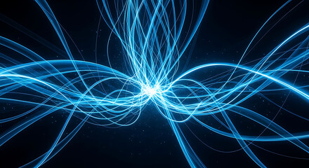 Vibrant blue swirling lines emanating from a central bright light, creating a dynamic abstract design