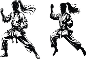 High quality karate and martial arts silhouette vector set featuring fighter poses, kicks, belts and combat stances. Perfect for t-shirts, logos, posters, branding and print designs. © Rita