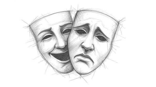 Hand-Drawn Graphite Sketch of Two Theatrical Drama Masks &ndash; Smiling and Frowning Expressions, Traditional Stage Art Design