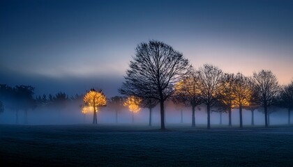 Fototapeta premium illuminated trees in a gloomy evening with mist and fog