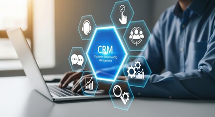 CRM Customer Relationship Management System with Business Technology Icons