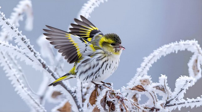 Yellow finch spreads its wings after snow