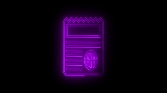 Neon Passport Document Icon on Black Background.
Glowing purple outline passport with text lines and globe symbol representing travel identification and official document.