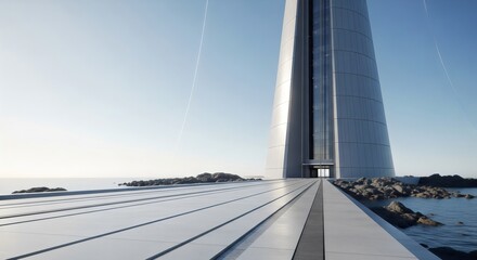 A cable car bridge spans over a river with an urban cityscape, road, water, and cloudy sky in the background