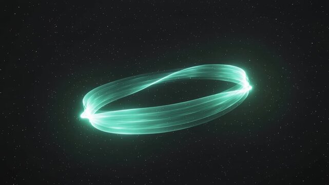 Video of cyan glowing energy loop with continuous luminous band with smooth curves floating in dark space.Slow motion.AI Generative.