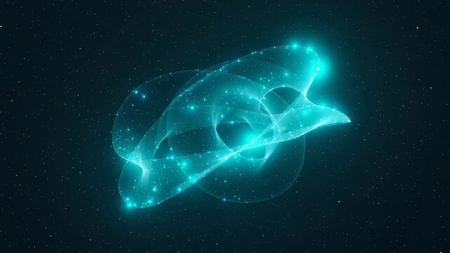 Video of cyan glowing energy loop with continuous luminous band with smooth curves floating in dark space.Slow motion.AI Generative.