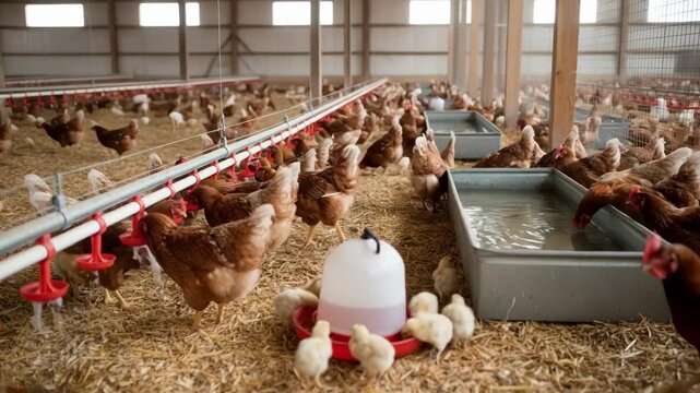 Medium shot showcasing different water supply options for poultry including nipple drinkers and troughs illustrating diverse farming hydration solutions.