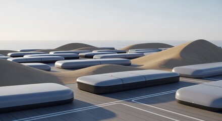 A classic car parked on a sunny beach next to beach chairs by the shoreline