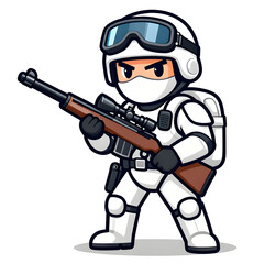 Naklejka premium A sturdy special forces soldier with a combat weapon, fully equipped in special combat gear. Cartoon mascot, illustration, clean lines, flat design, modern, high quality