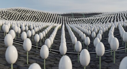Obraz premium An abstract 3d landscape of agriculture patterns featuring rows of hay bales and eggs across a blue nature field for a food business farm
