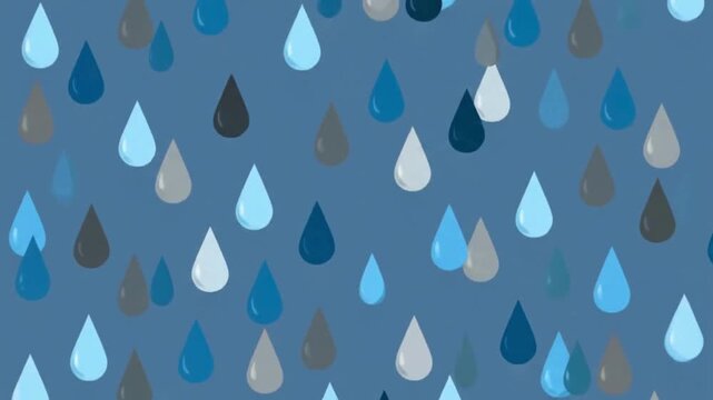 cartoon raindrops cascade in a symphony of blues and grays, evoking a sense of calm and refreshing atmosphere. A visual depiction of gentle showers and the cleansing touch of nature.