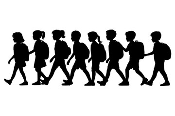 Obraz premium A group of school children walking in a line as silhouettes