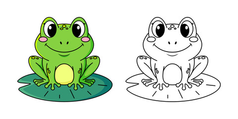 Obraz premium Cute frog sitting on leaf of water lily. Black and white vector illustration for coloring book with example in color