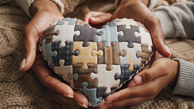 Adult and child hands cradle a patchwork heart of puzzle pieces on a knitted blanket in warm light, soft focus and gentle tones, concept of autism awareness and parent child bond