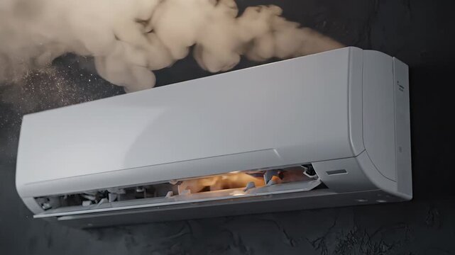 Air conditioning unit emitting smoke with visible internal components exposed, showcasing malfunction and potential repair needs in a home setting. global warming concept