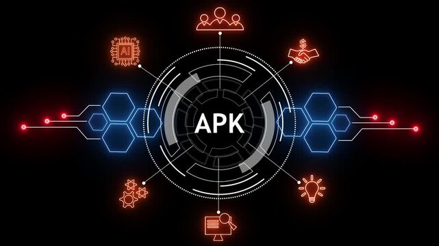 Futuristic digital interface with apk text and glowing hexagons technology