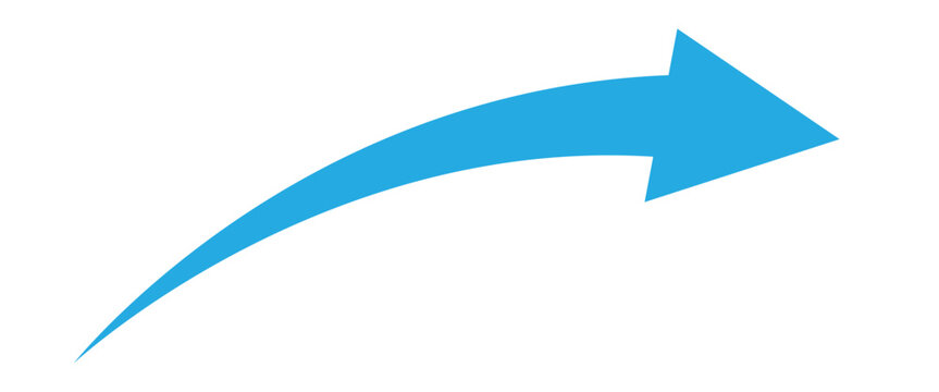 Blue curve arrow pointing rightward side. Blue long curve arrow isolated on white background.