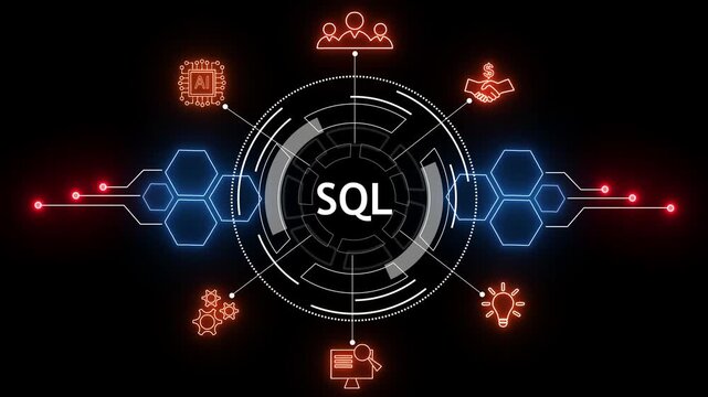 Sql database technology concept digital interface with glowing hexagons and futuristic hud elements video