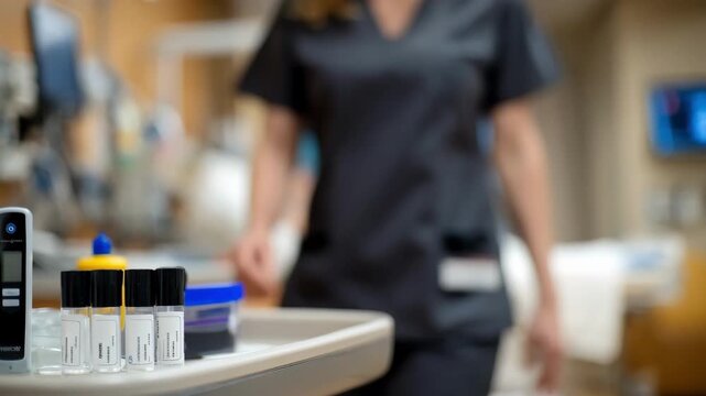 Medium shot of a pointofcare mobile cart near a hospital bed in ICU showing a glucometer in sharp focus and a nurse in the blurred background.