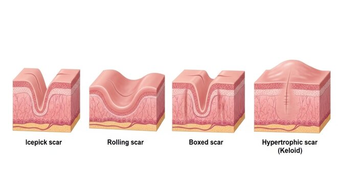 Different types of acne scars on skin, including icepick, rolling, boxcar, and hypertrophic scars