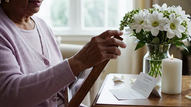 Elderly woman holds a photo frame by a vase of white flowers and a lit candle on a wooden table in soft window light, quiet home interior, concept of bereavement and remembrance