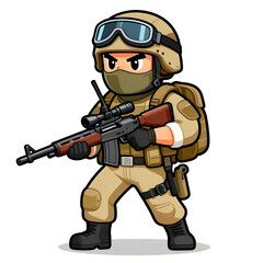 Naklejka premium A sturdy special forces soldier with a combat weapon, fully equipped in special combat gear. Cartoon mascot, illustration, clean lines, flat design, modern, high quality