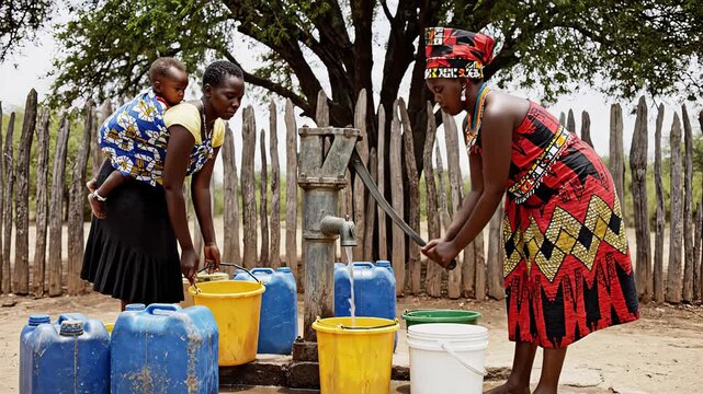 African women at a rural water pump fill yellow jerrycans under a tree by a wooden fence, harsh midday sun and dusty ground depict drought in africa, concept of water scarcity and climate crisis
