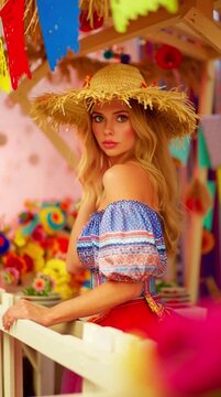 Young blonde woman wearing a traditional straw hat and colorful Festa Junina outfit, standing at a Brazilian June festival. Festive S&atilde;o Jo&atilde;o decorations, paper flags