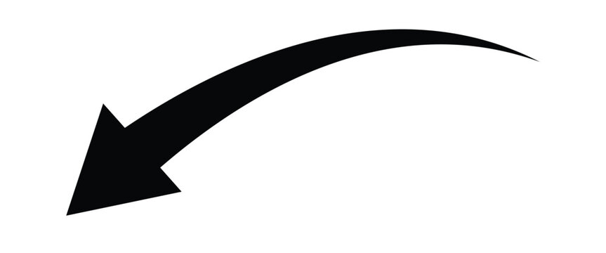 Black curved arrow pointing downwards left side. Black curve arrow isolated on white background.