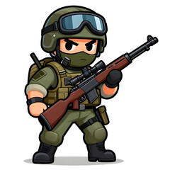 Naklejka premium A sturdy special forces soldier with a combat weapon, fully equipped in special combat gear. Cartoon mascot, illustration, clean lines, flat design, modern, high quality