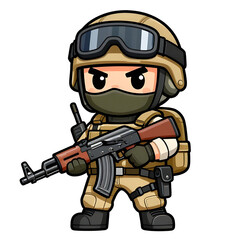 Naklejka premium A sturdy special forces soldier with a combat weapon, fully equipped in special combat gear. Cartoon mascot, illustration, clean lines, flat design, modern, high quality