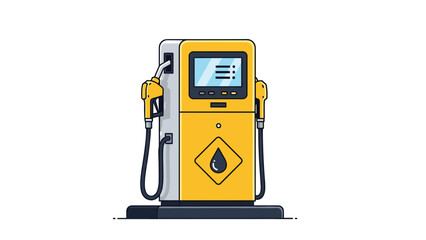 Detailed illustration of a modern yellow gas station pump with two nozzles and digital display used for refueling vehicles with petroleum or diesel.