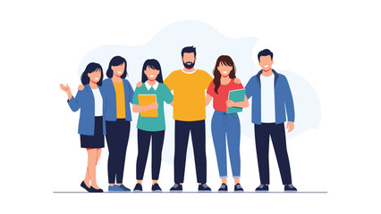 Obraz premium Group of six smiling diverse friends standing close together with their arms around each other representing unity, friendship, and community.