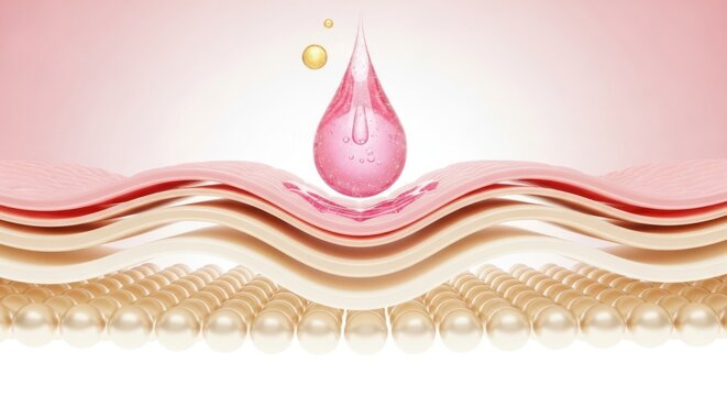 Skin layers with a drop of serum or moisturizer on pink background